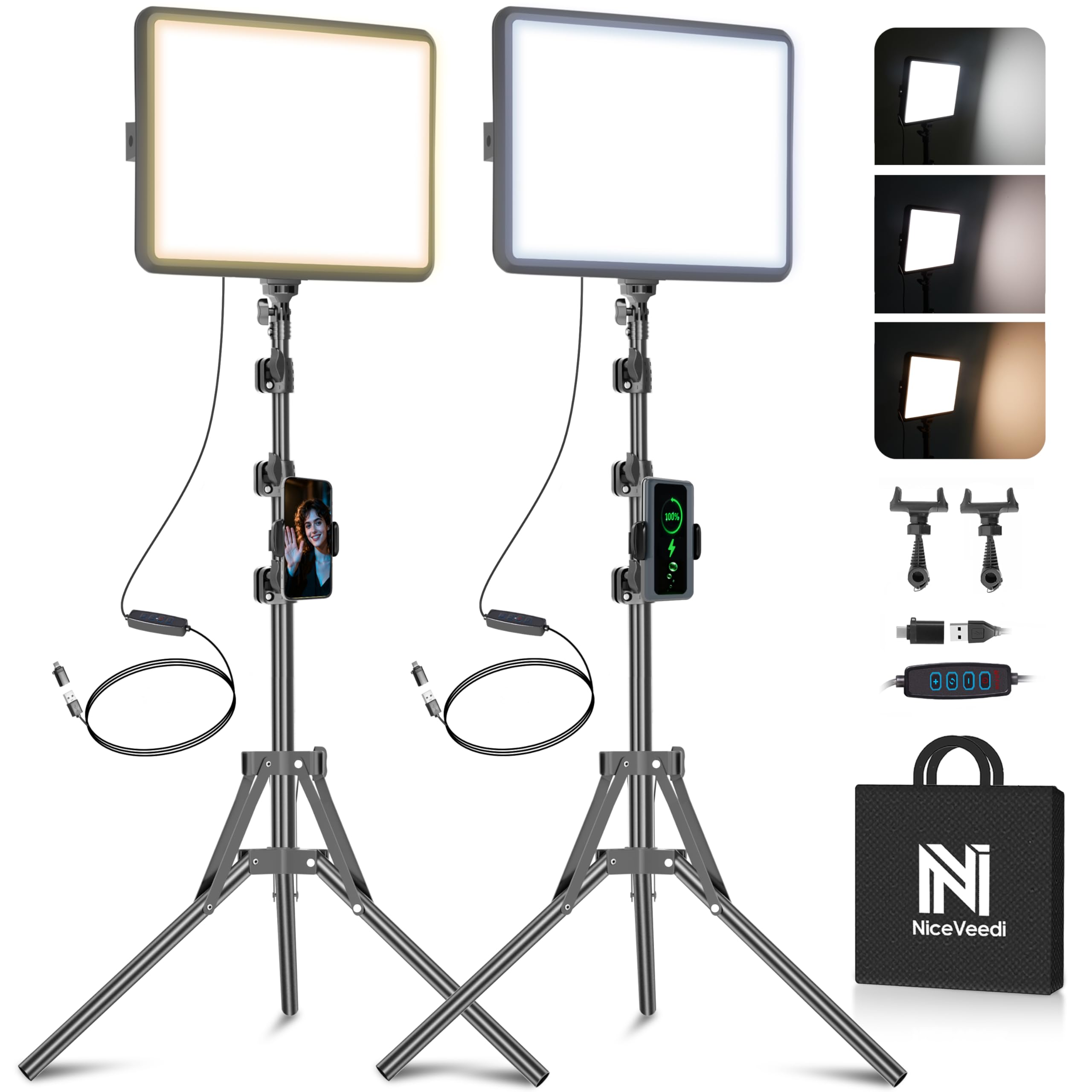 Tech StudioPro™ 2-Pack LED Light Kit – 2800-6500K w/ 73” Tripods & Phone Holder