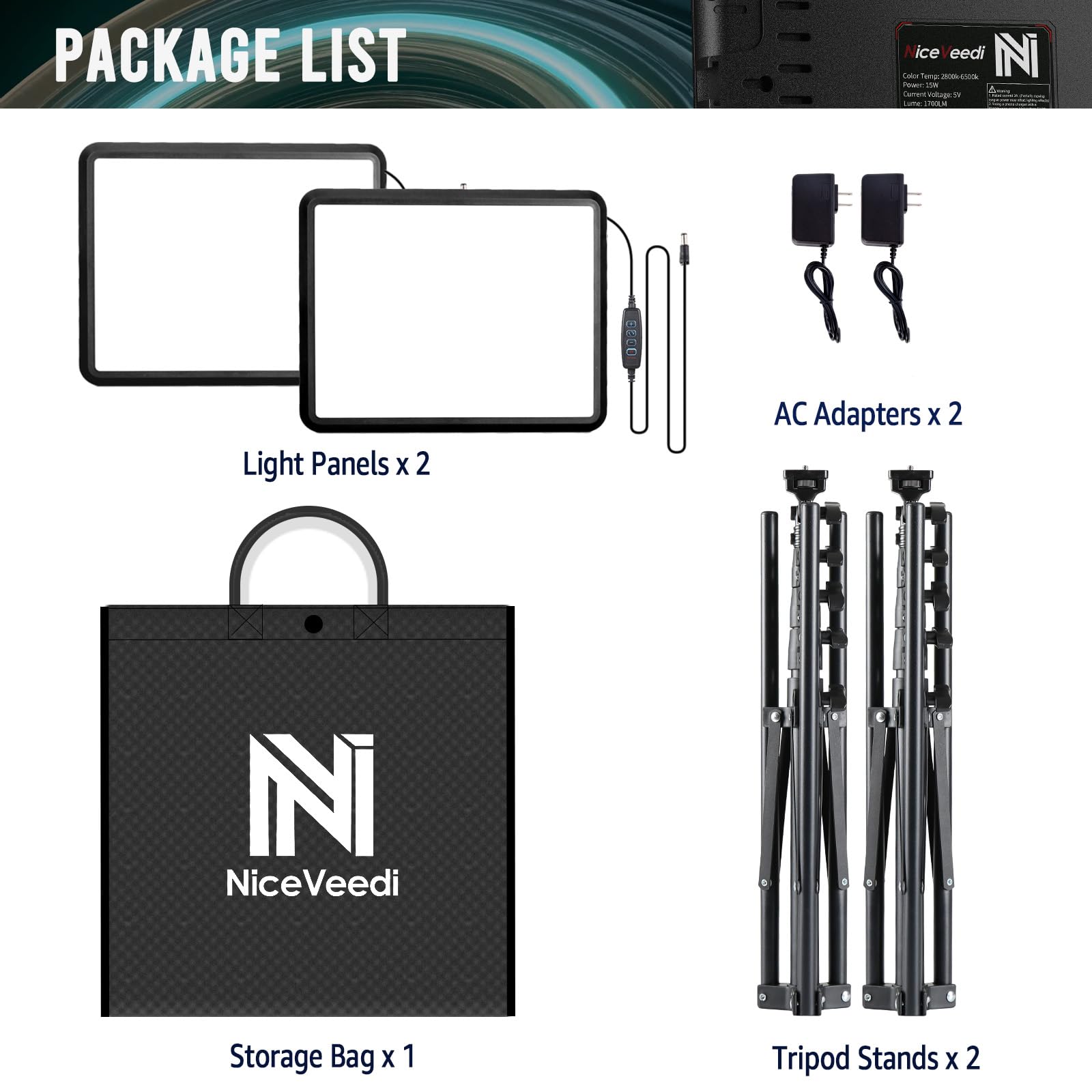 Tech StudioPro™ 2-Pack LED Light Kit – 2800-6500K w/ 73” Tripods & Phone Holder