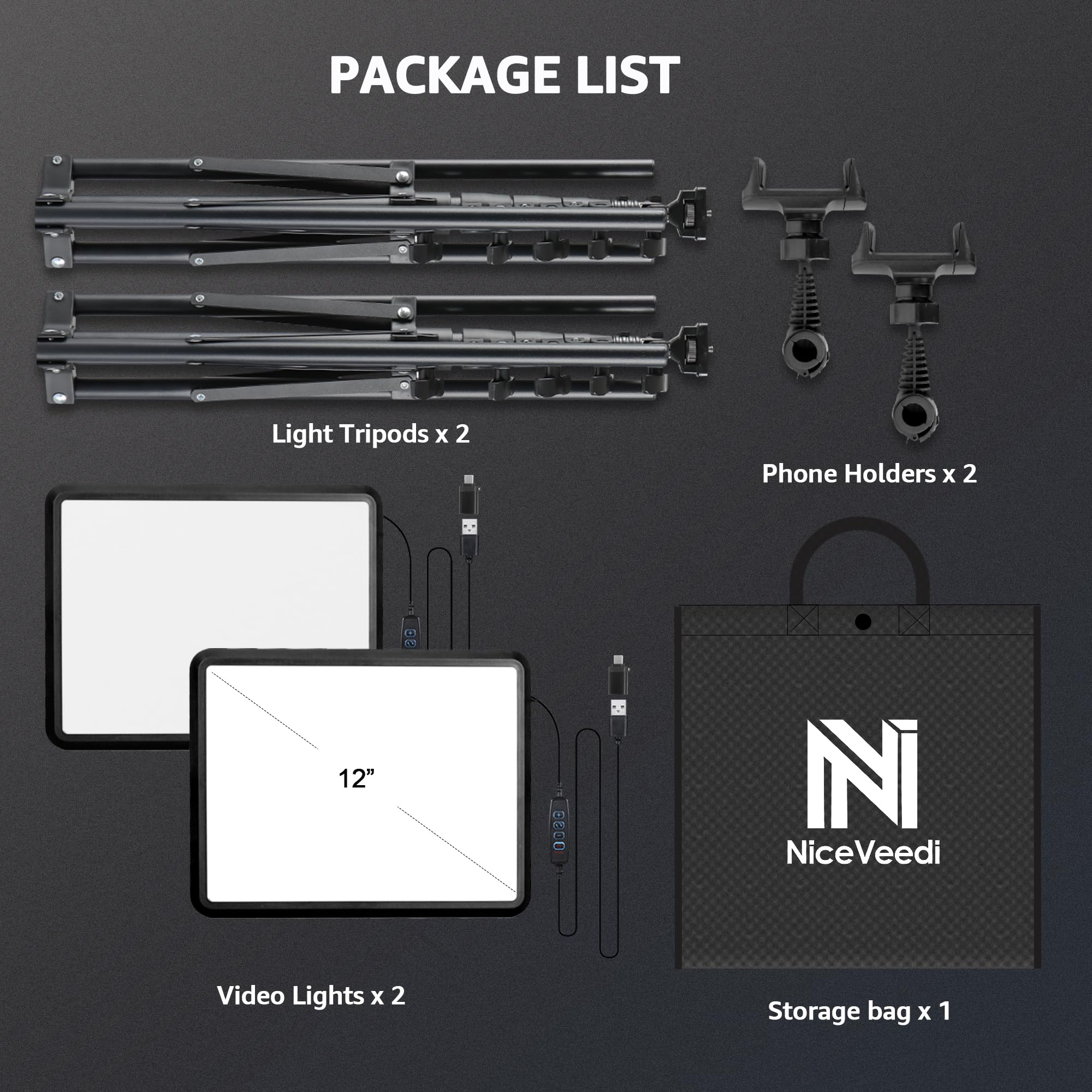 Tech StudioPro™ 2-Pack LED Light Kit – 2800-6500K w/ 73” Tripods & Phone Holder